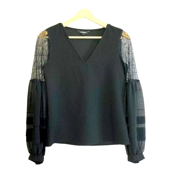 Express Pullover Top Sheer Long Sleeves V Neck Black Sz XXS - Picture 1 of 10